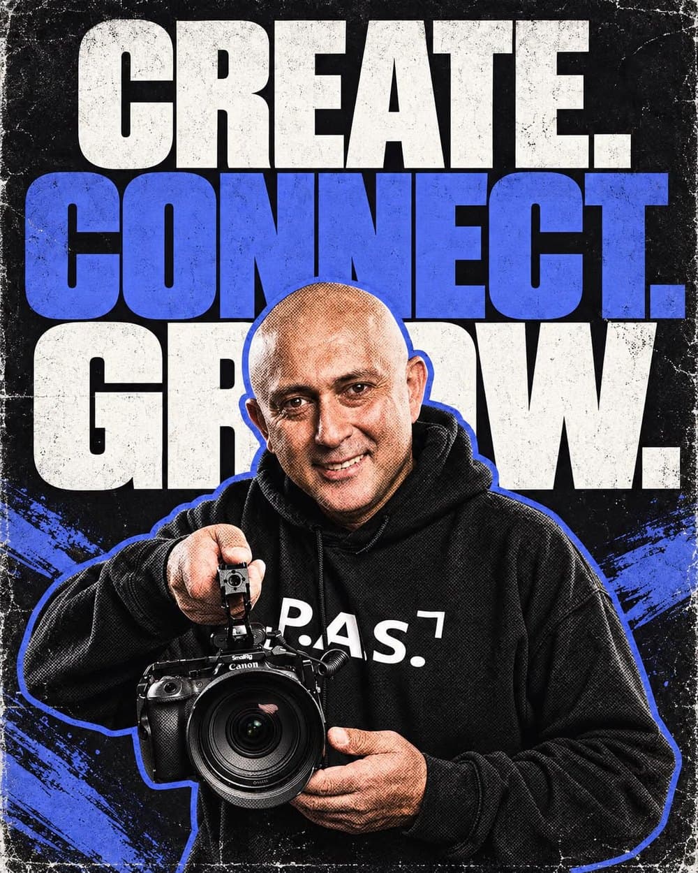 Peter Aghyarian, founder of P.A.S. Inc, holding a camera under the words Create, Connect, Grow