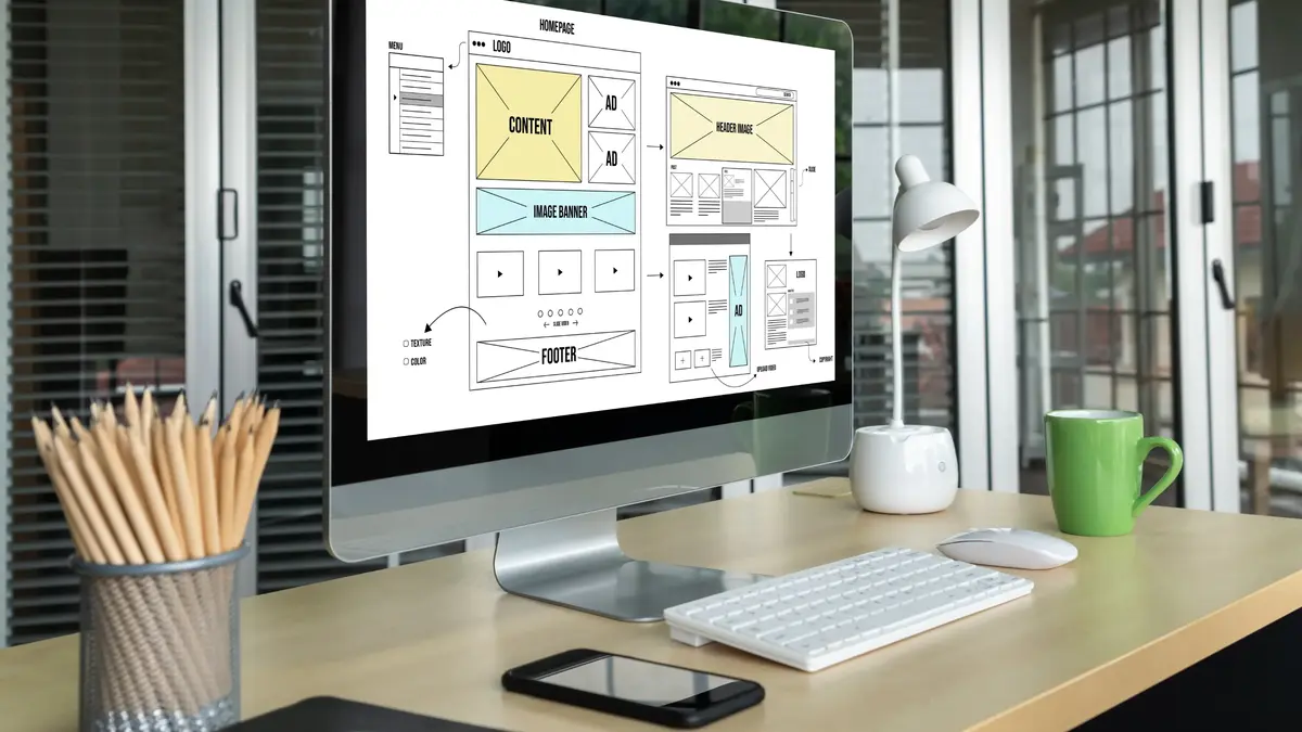 Designer working on a website layout on a desktop monitor
